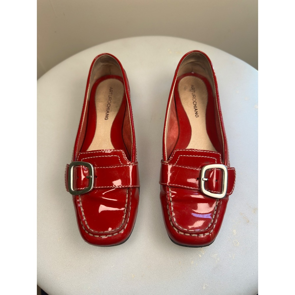 Arturo Chiang Loafers Red Patent Leather Buckle Driving Flats 6.5M